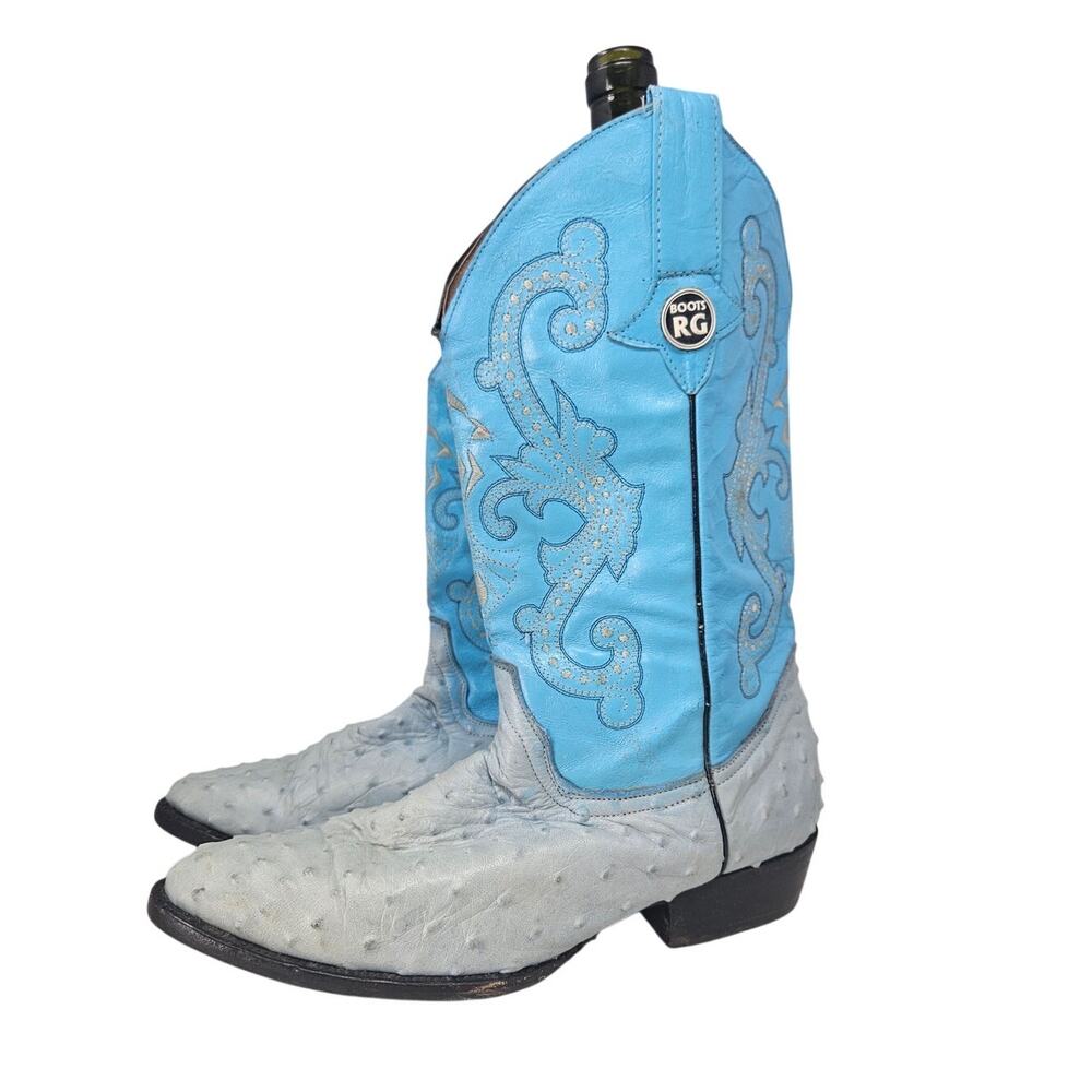 RG Boots 9.5 Light Blue Leather Ostrich Western Cowboy Boot Rodeo Ranch